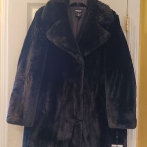 DKNY NEW Black Faux Fur coat medium RUNS LARGE